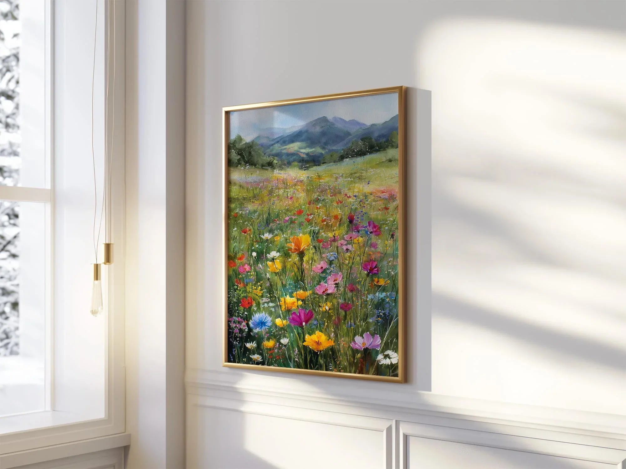 Impressionist wildflower meadow mountain landscape colorful floral wall art in dark wood frame 12...