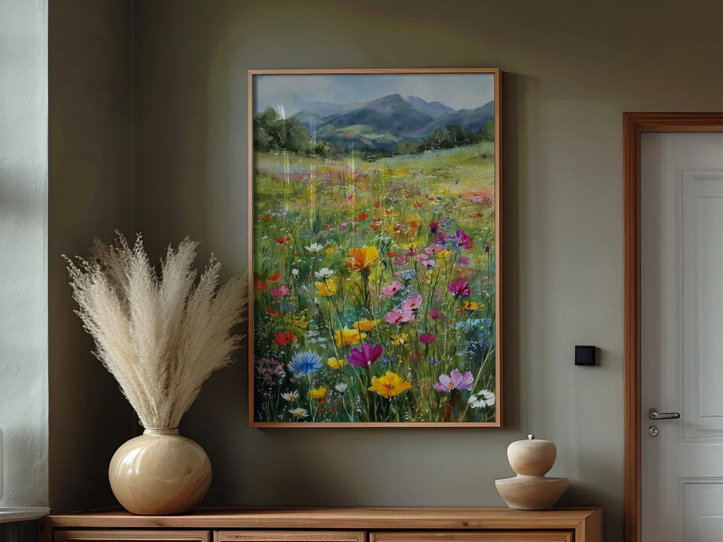 Impressionist wildflower meadow mountain landscape colorful floral wall art unframed 12x12 inch 3...