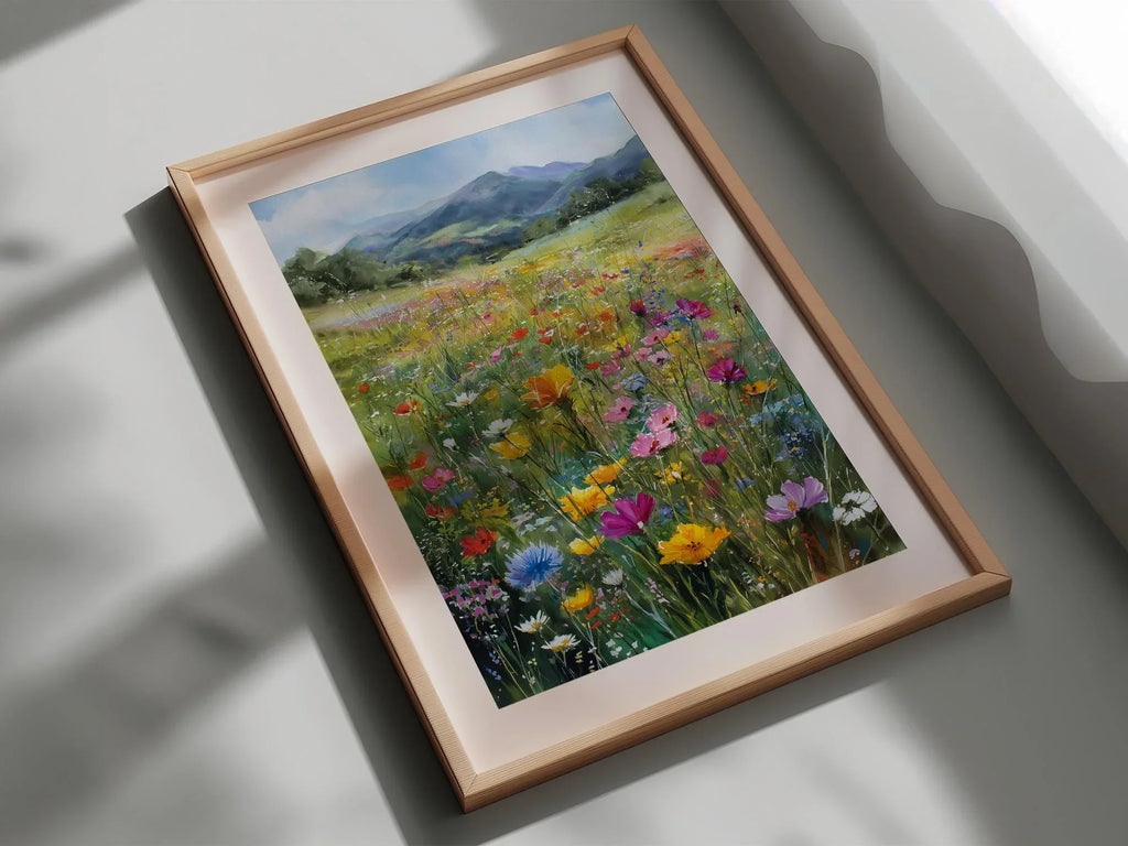 Impressionist wildflower meadow mountain landscape colorful floral wall art in white frame 12x12 ...