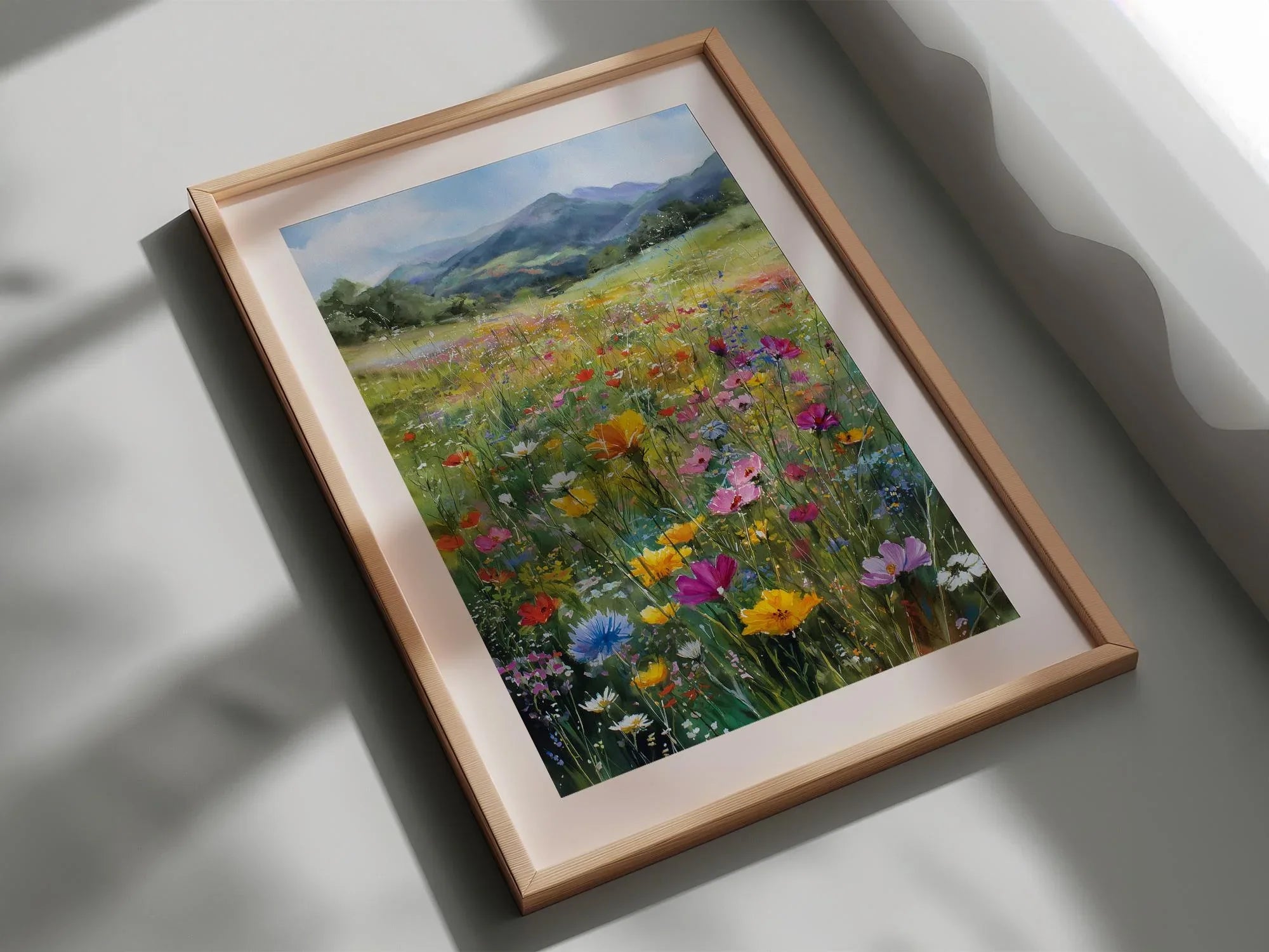 Impressionist wildflower meadow mountain landscape colorful floral wall art in white frame 12x12 ...