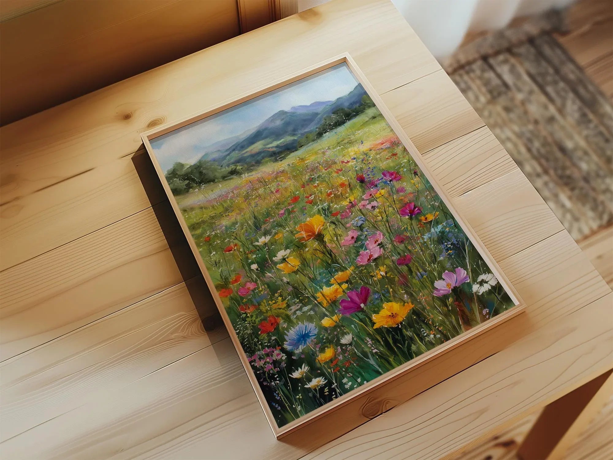 Impressionist wildflower meadow mountain landscape colorful floral wall art in black frame 12x18 ...