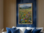 Impressionist wildflower meadow mountain landscape colorful floral wall art in dark wood frame 12...