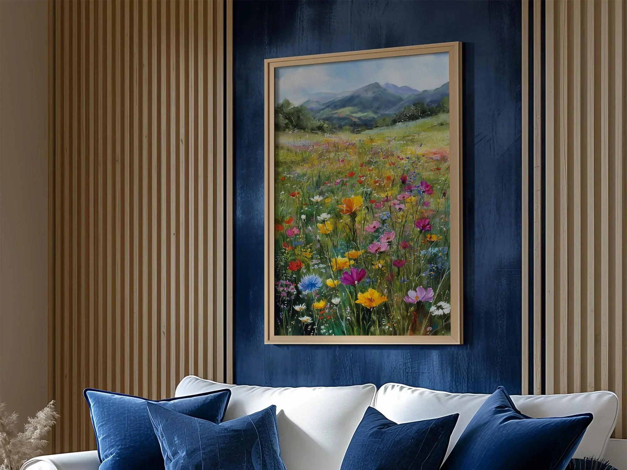 Impressionist wildflower meadow mountain landscape colorful floral wall art in dark wood frame 12...