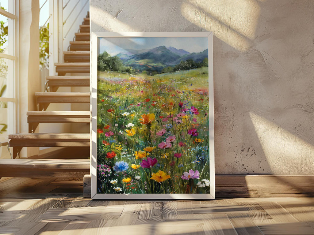 Impressionist wildflower meadow mountain landscape colorful floral wall art in natural wood frame...