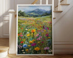 Impressionist wildflower meadow mountain landscape colorful floral wall art in natural wood frame...