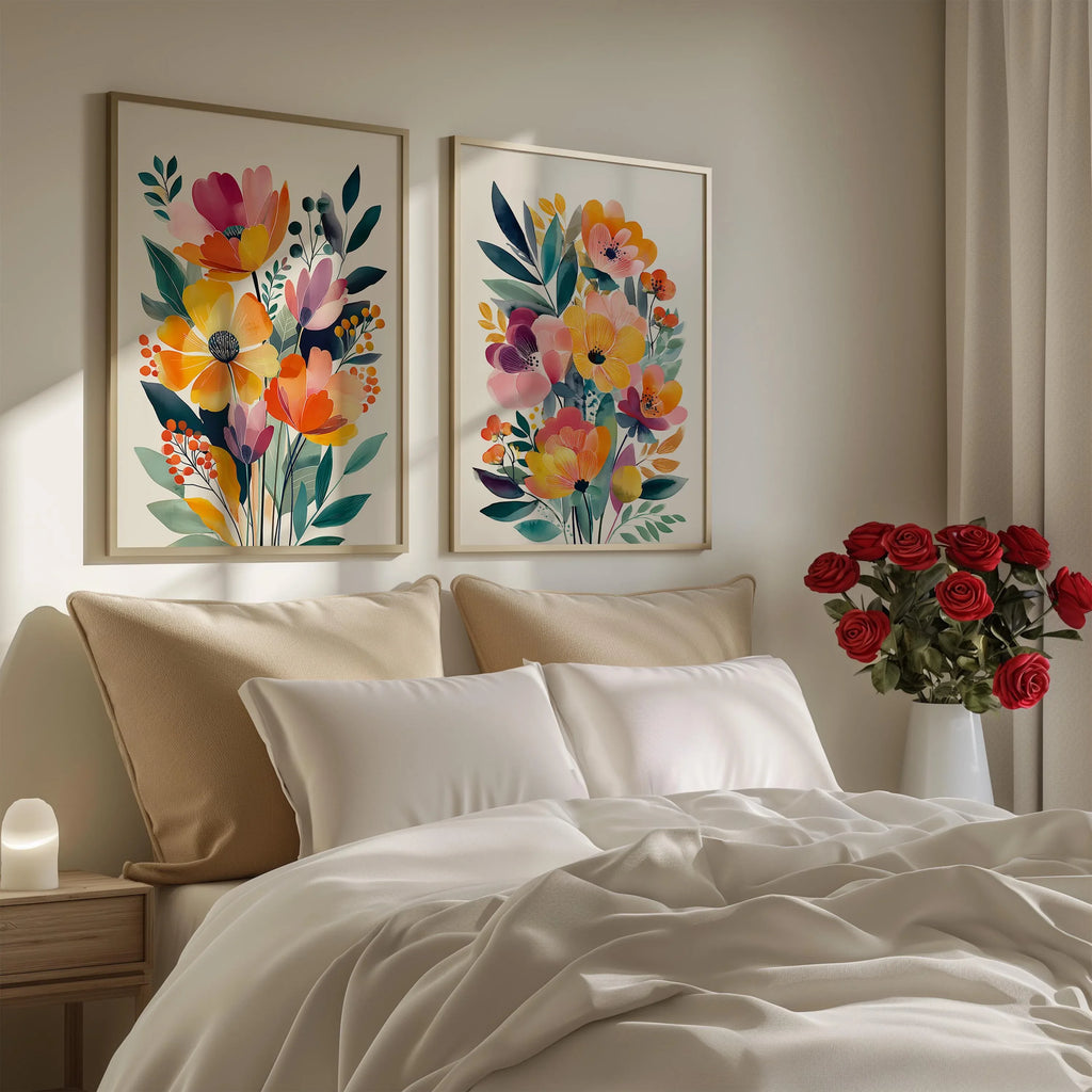 Modern wildflower floral wall art set of 2 orange pink bedroom decor in black frame 12x12 inch 30...