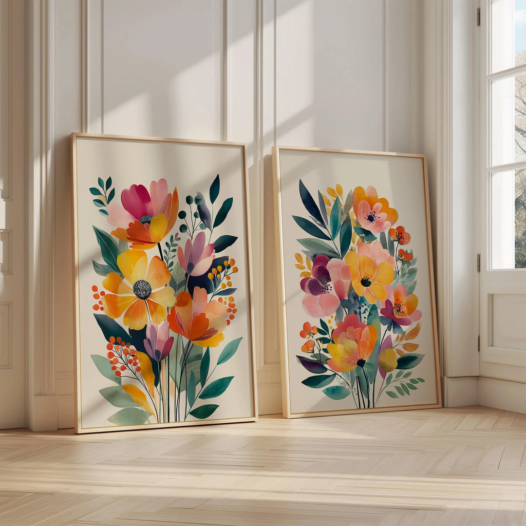 Modern wildflower floral wall art set of 2 orange pink bedroom decor in dark wood frame 12x12 inc...