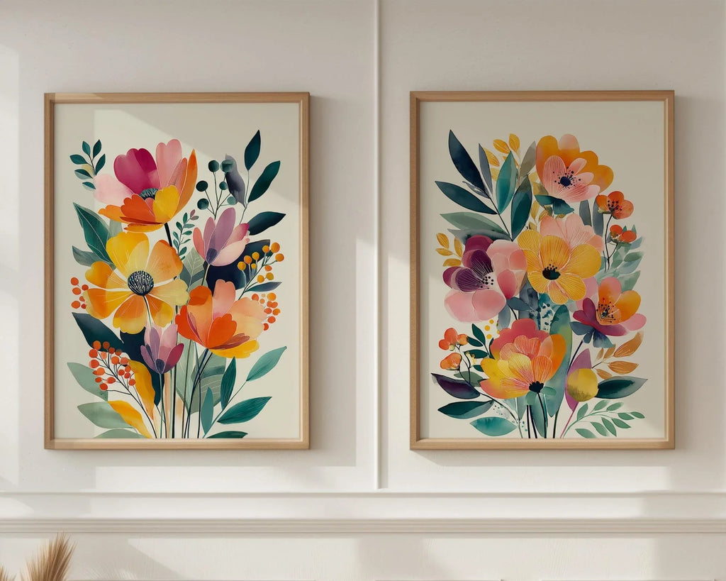 Modern wildflower floral wall art set of 2 orange pink bedroom decor unframed 12x12 inch 30x30 cm