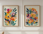 Modern wildflower floral wall art set of 2 orange pink bedroom decor unframed 12x12 inch 30x30 cm