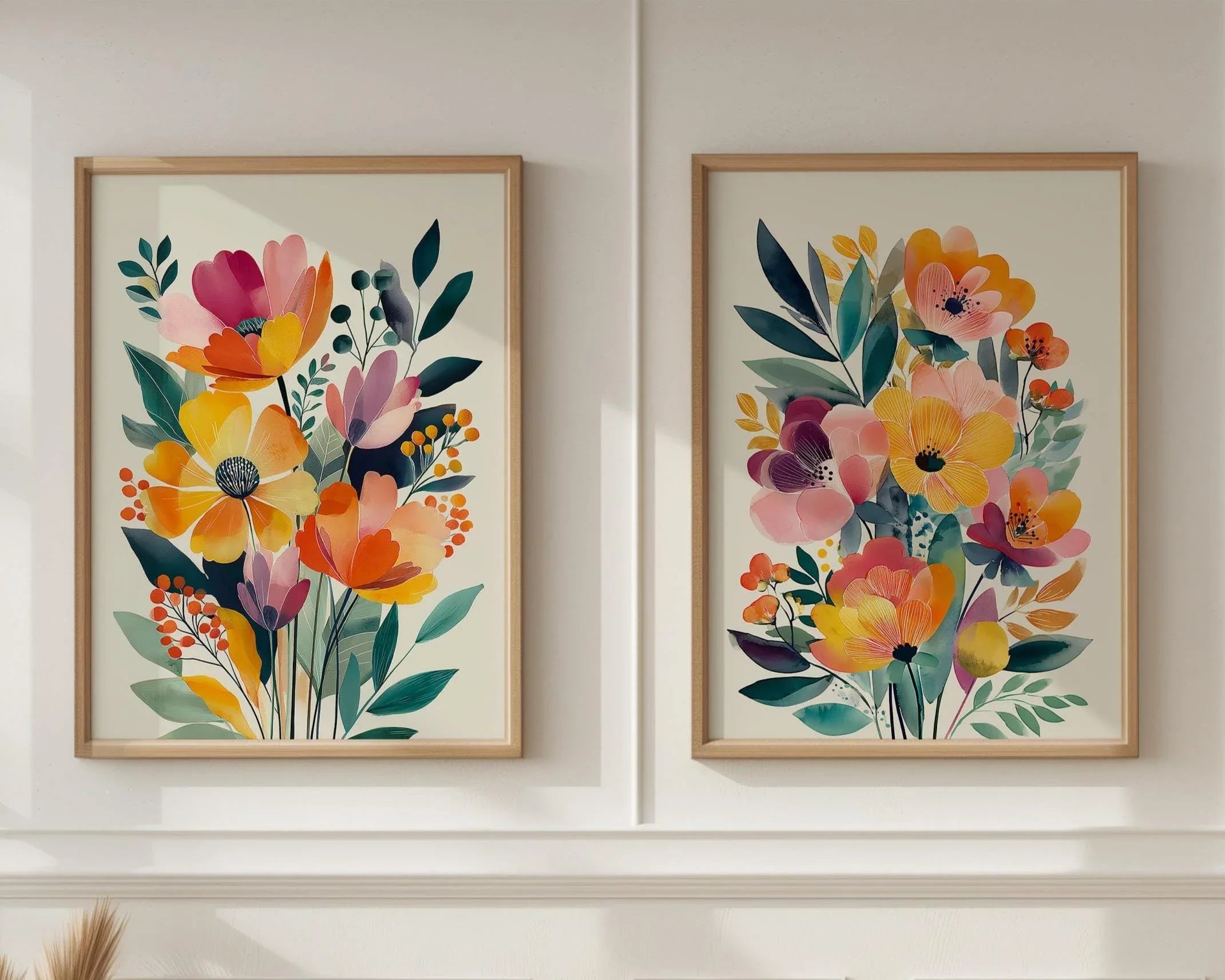 Modern wildflower floral wall art set of 2 orange pink bedroom decor unframed 12x12 inch 30x30 cm