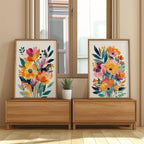 Modern wildflower floral wall art set of 2 orange pink bedroom decor in white frame 12x12 inch 30...