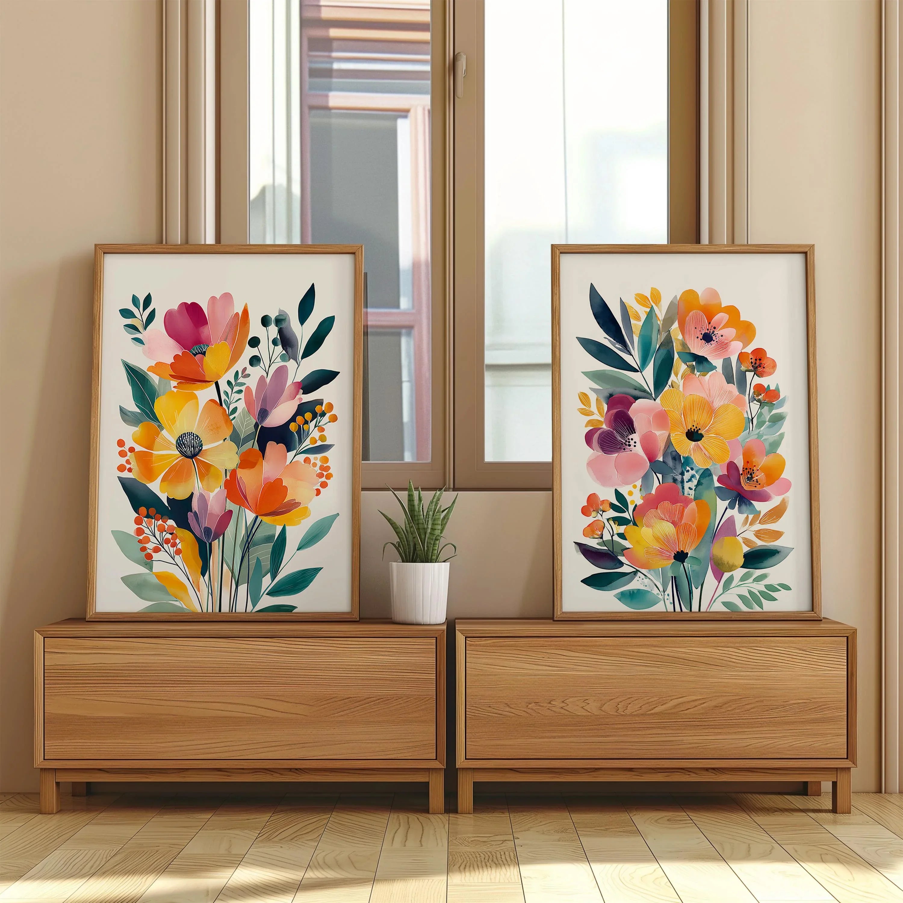Modern wildflower floral wall art set of 2 orange pink bedroom decor in white frame 12x12 inch 30...