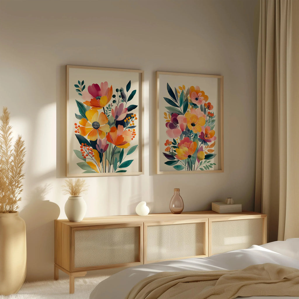 Modern wildflower floral wall art set of 2 orange pink bedroom decor in black frame 12x18 inch 30...