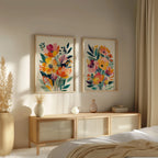 Modern wildflower floral wall art set of 2 orange pink bedroom decor in black frame 12x18 inch 30...