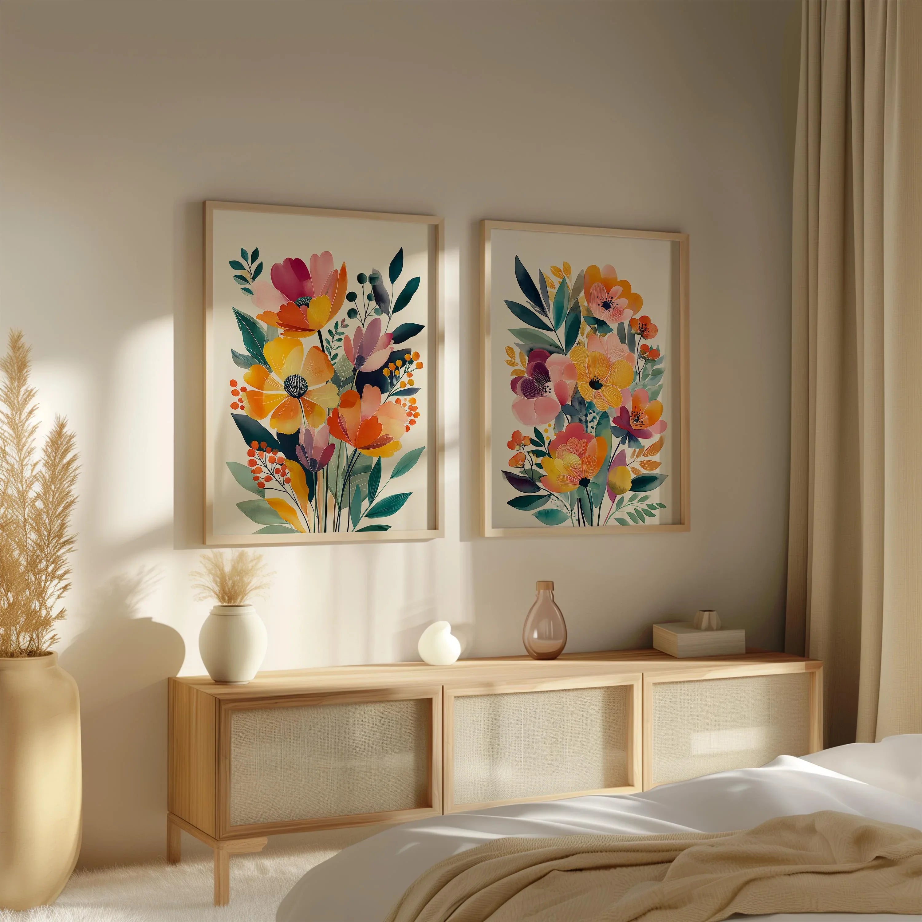 Modern wildflower floral wall art set of 2 orange pink bedroom decor in black frame 12x18 inch 30...