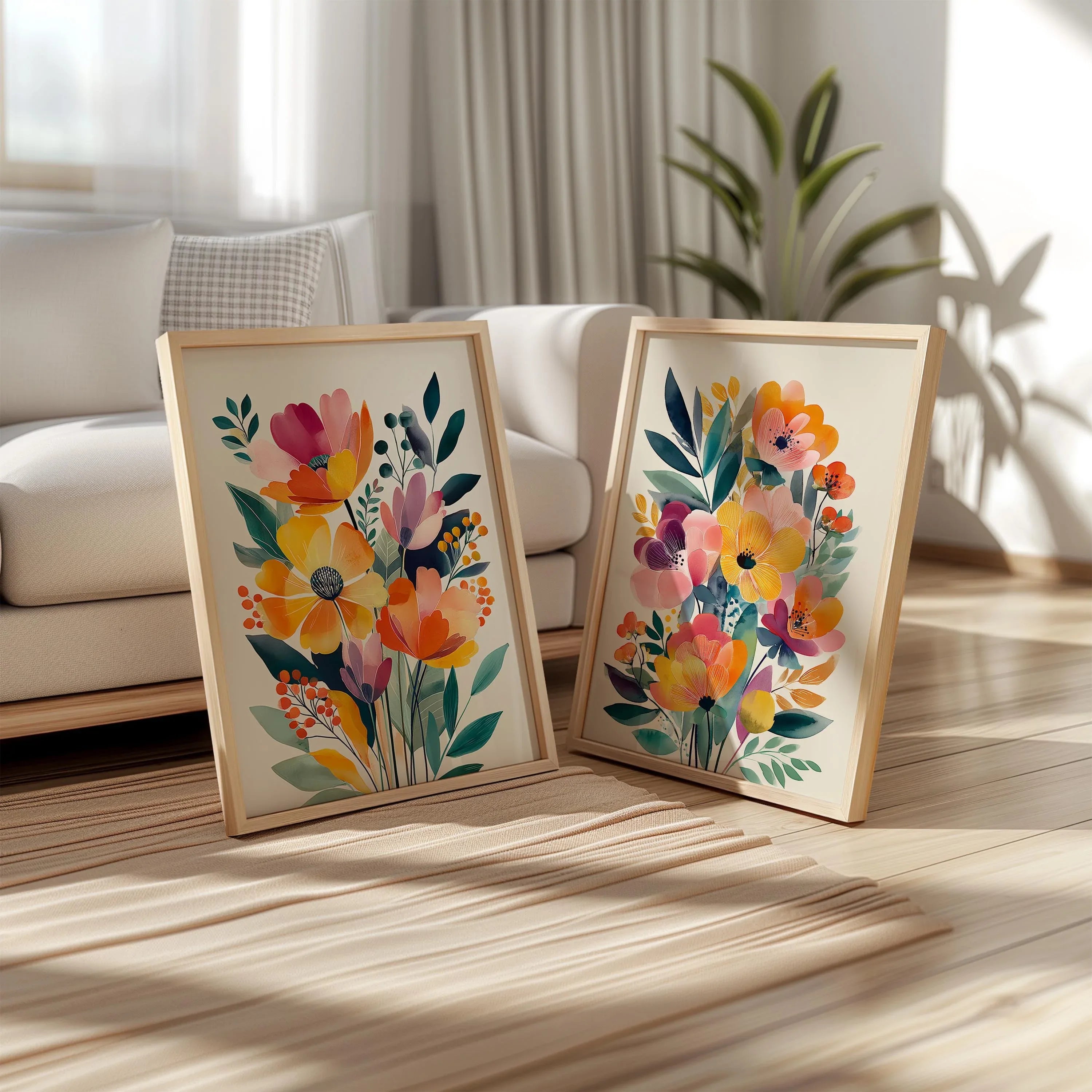 Modern wildflower floral wall art set of 2 orange pink bedroom decor in dark wood frame 12x18 inc...