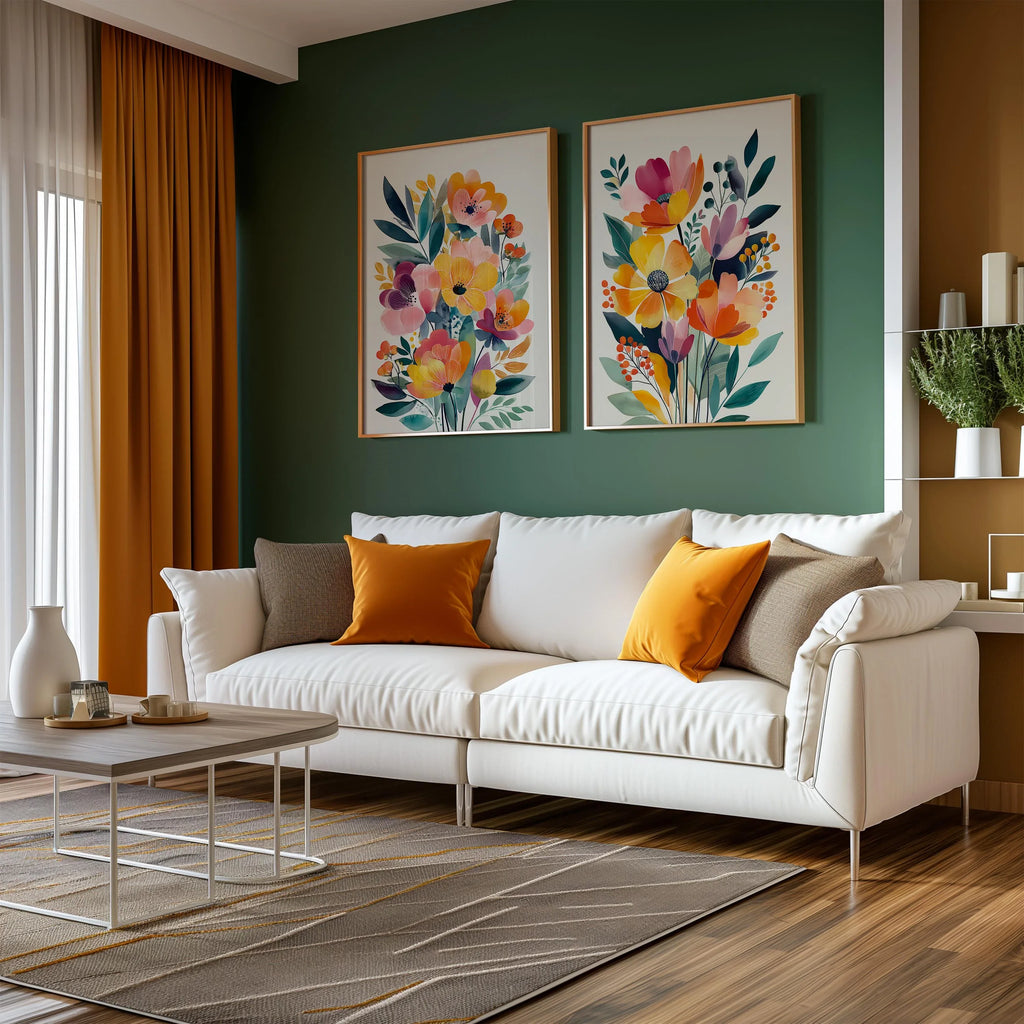 Modern wildflower floral wall art set of 2 orange pink bedroom decor in natural wood frame 12x18 ...