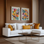 Modern wildflower floral wall art set of 2 orange pink bedroom decor unframed 12x18 inch 30x45 cm