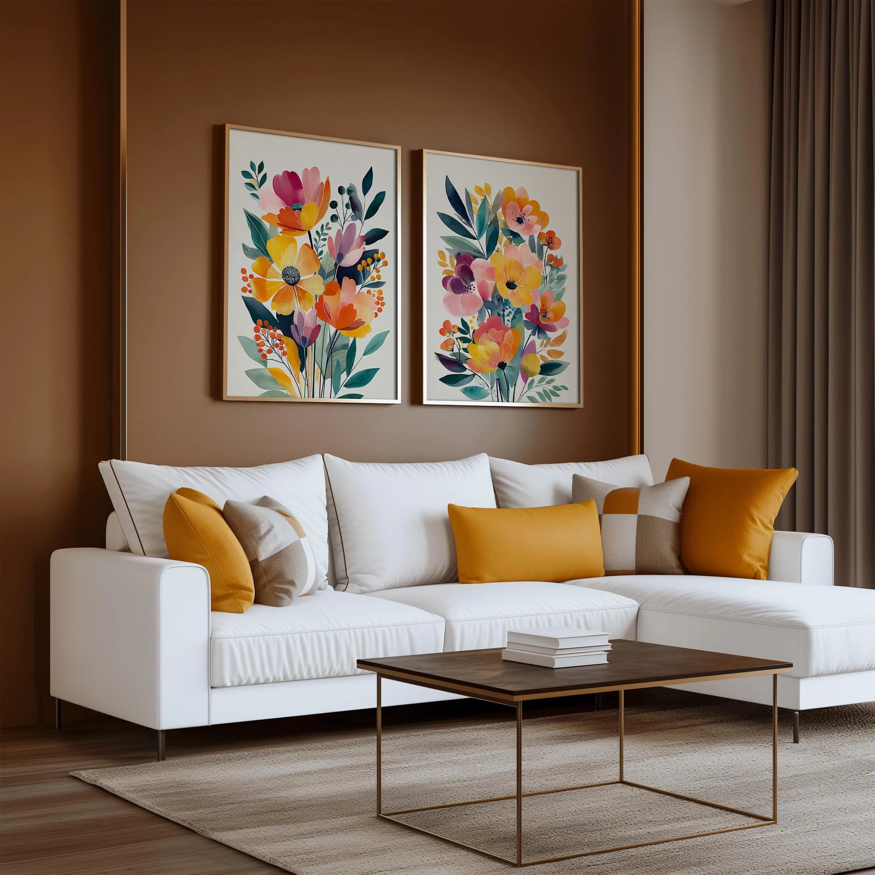 Modern wildflower floral wall art set of 2 orange pink bedroom decor unframed 12x18 inch 30x45 cm