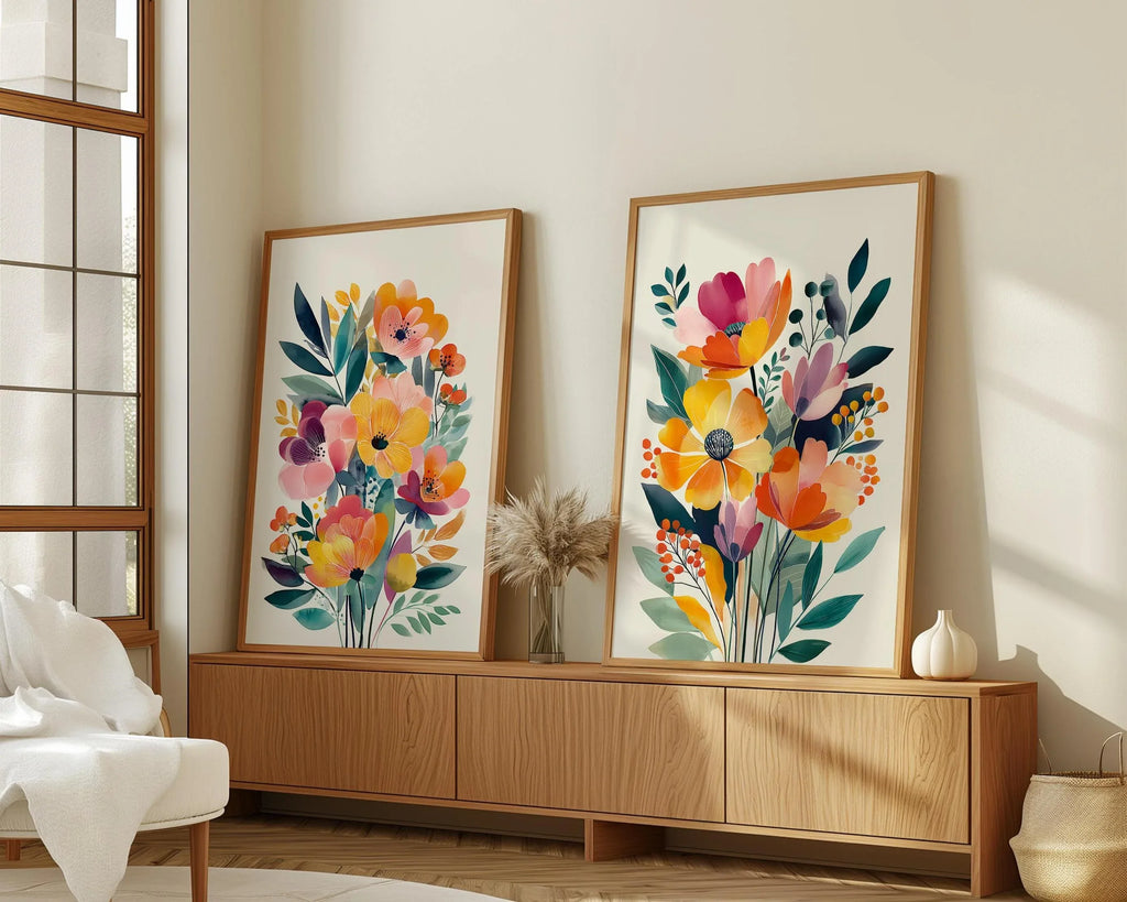 Modern wildflower floral wall art set of 2 orange pink bedroom decor in natural wood frame 12x12 ...