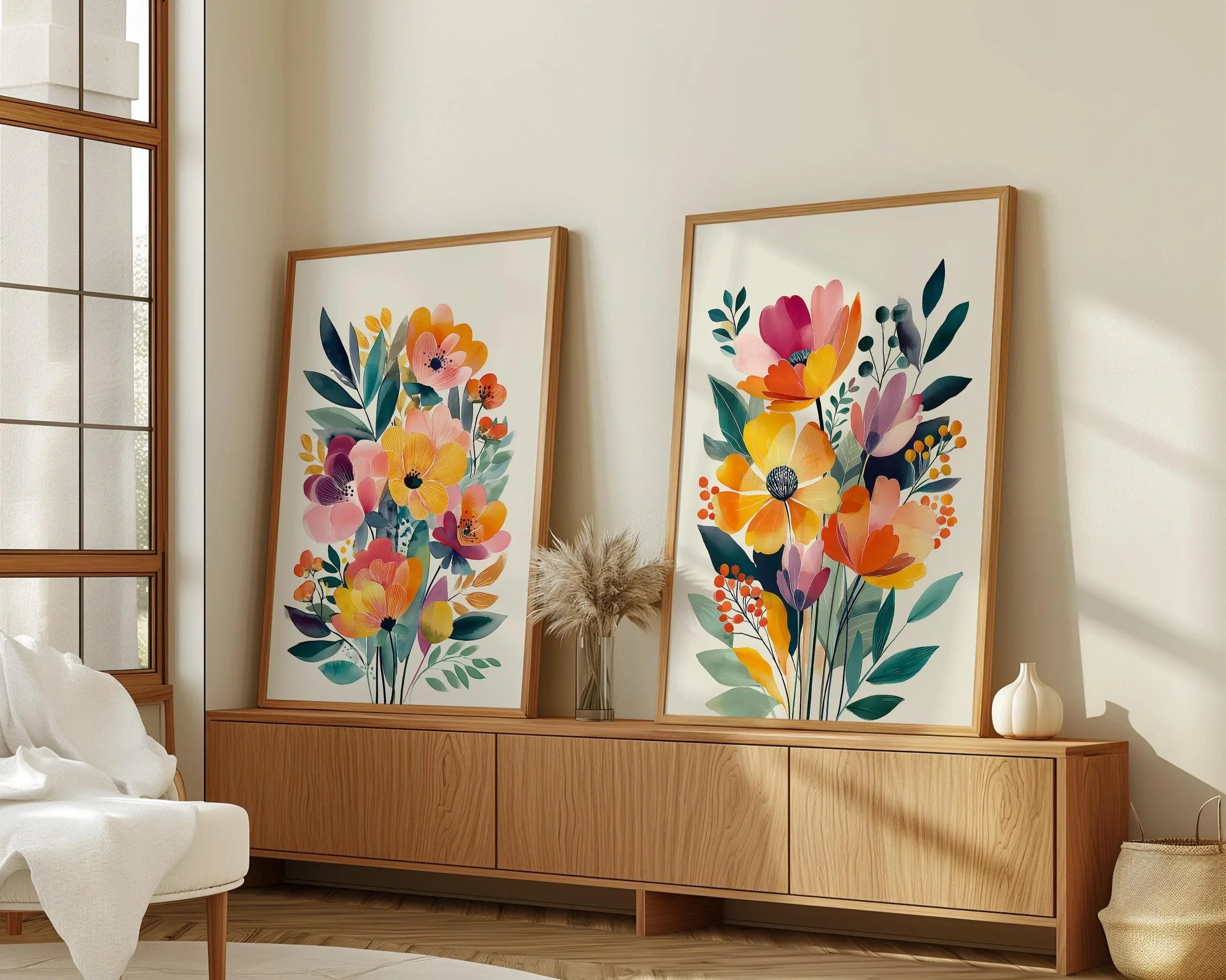 Modern wildflower floral wall art set of 2 orange pink bedroom decor in natural wood frame 12x12 ...