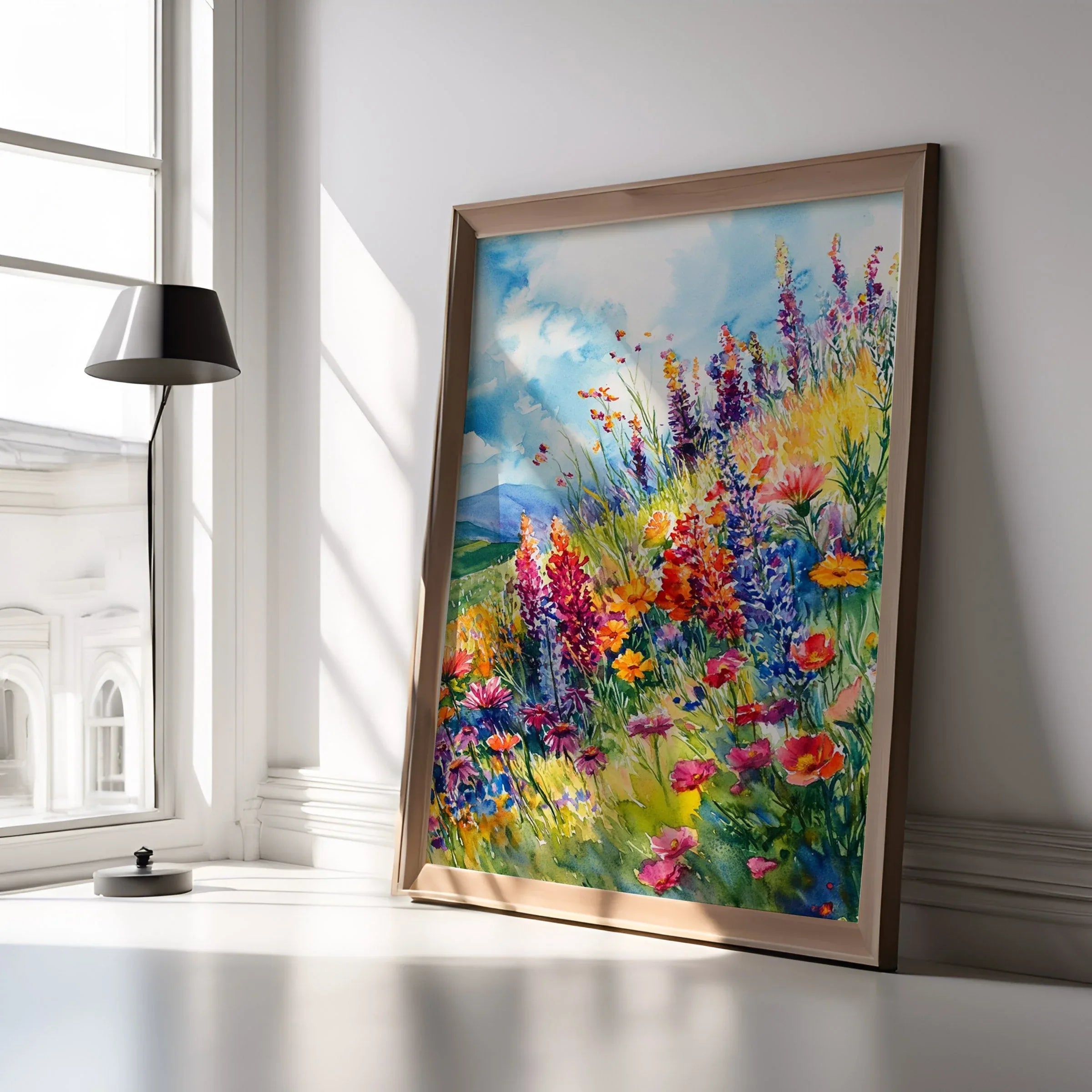 Colorful wildflower watercolor botanical landscape wall art for living room in black frame 12x12 ...