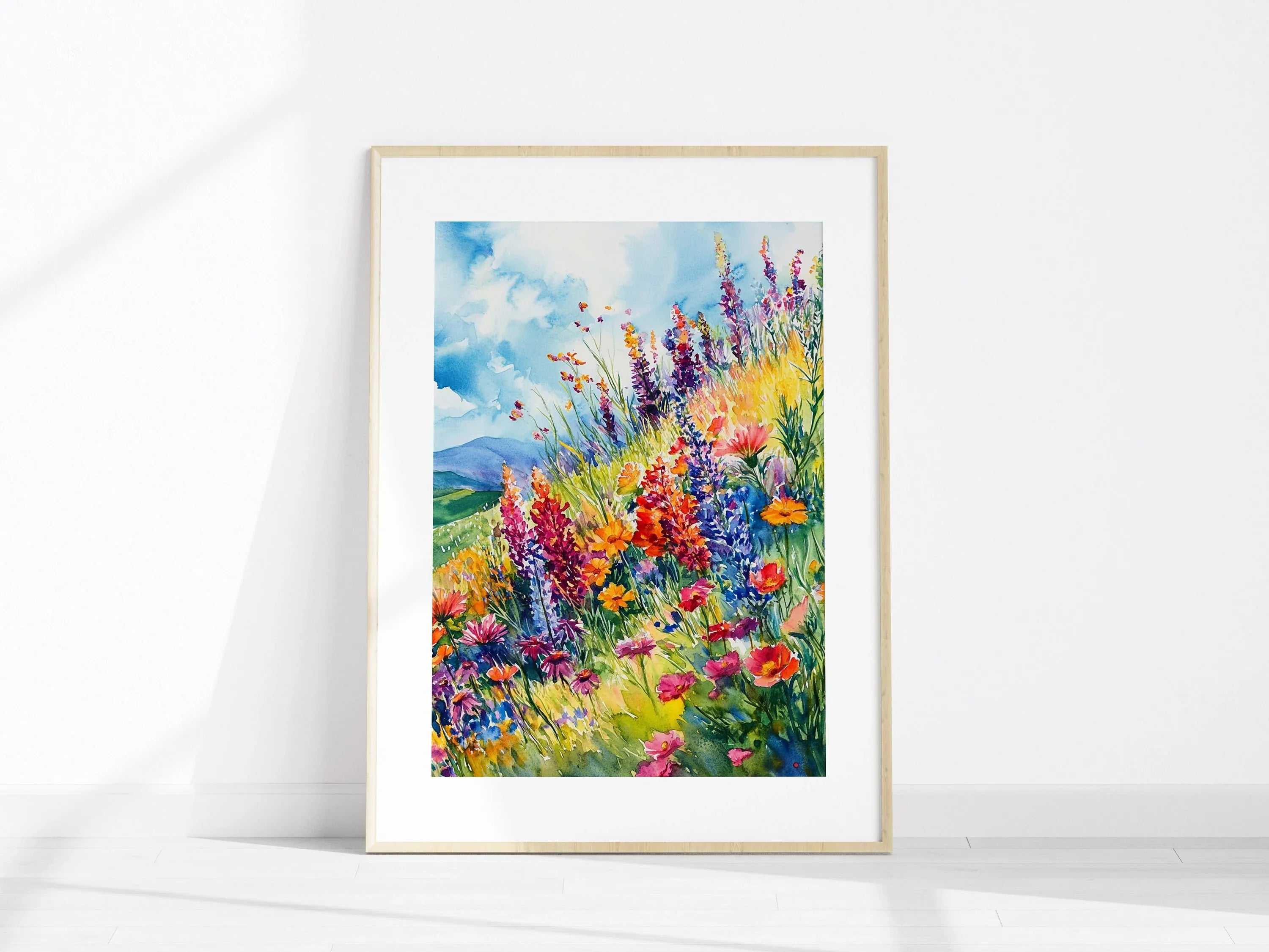 Colorful wildflower watercolor botanical landscape wall art for living room in dark wood frame 12...