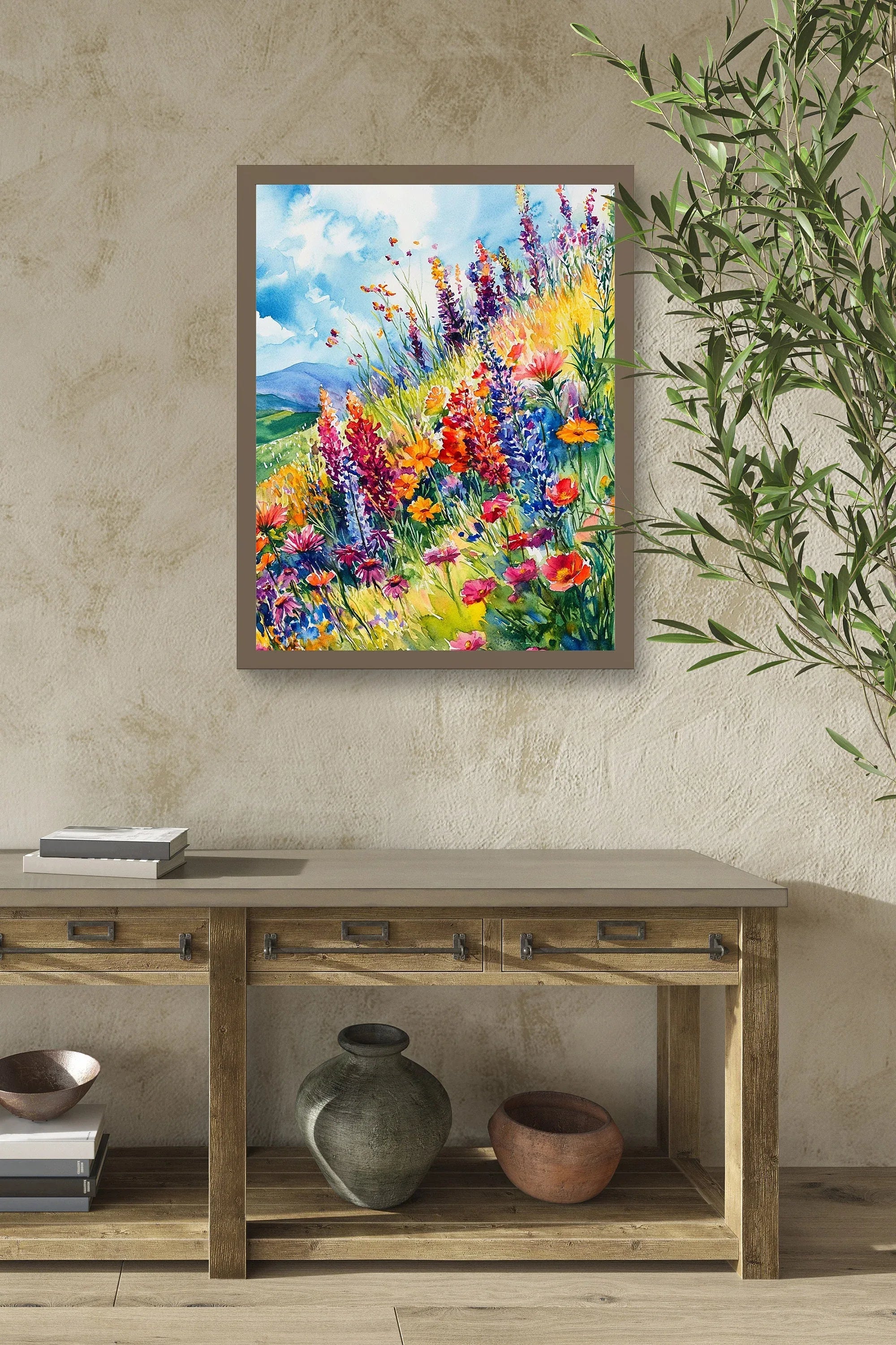Colorful wildflower watercolor botanical landscape wall art for living room in white frame 12x12 ...