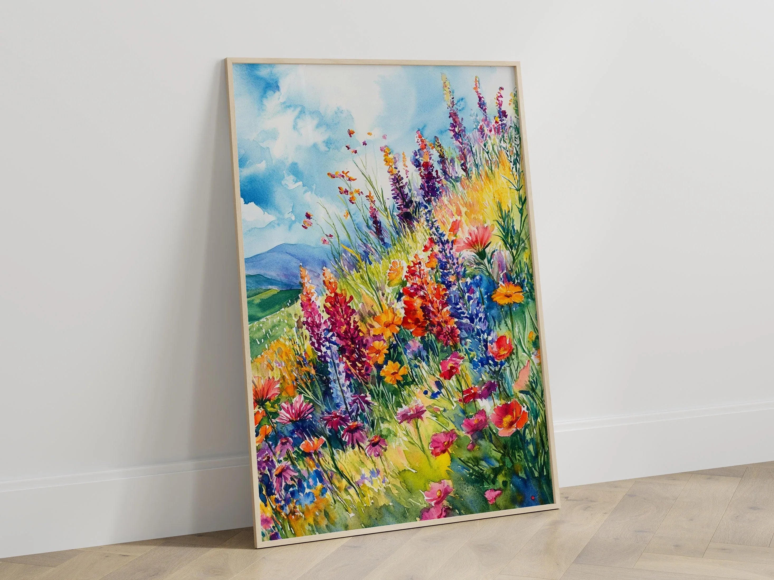 Colorful wildflower watercolor botanical landscape wall art for living room in natural wood frame...