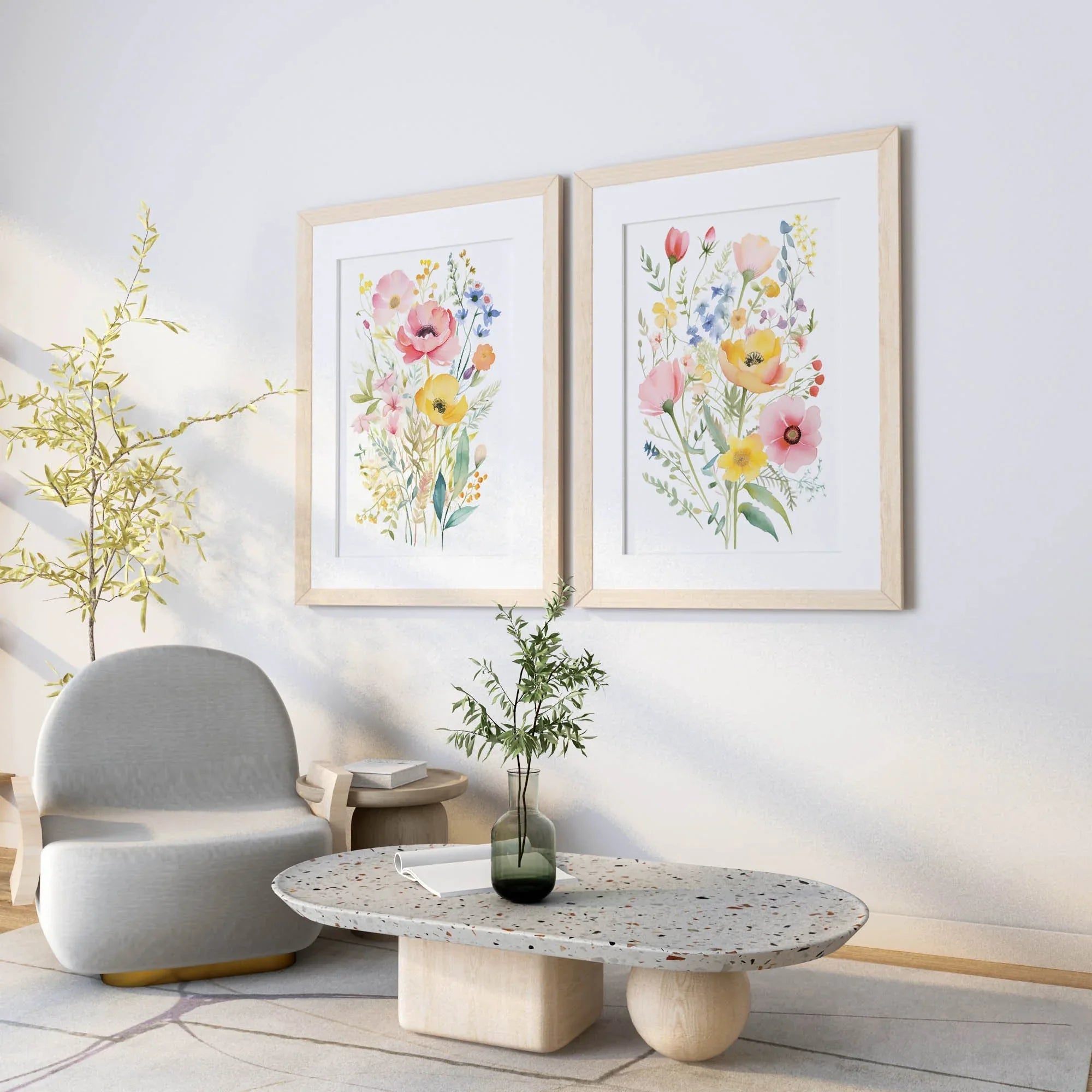 Colorful wildflower watercolor floral wall art set of 2 in black frame 12x12 inch 30x30 cm