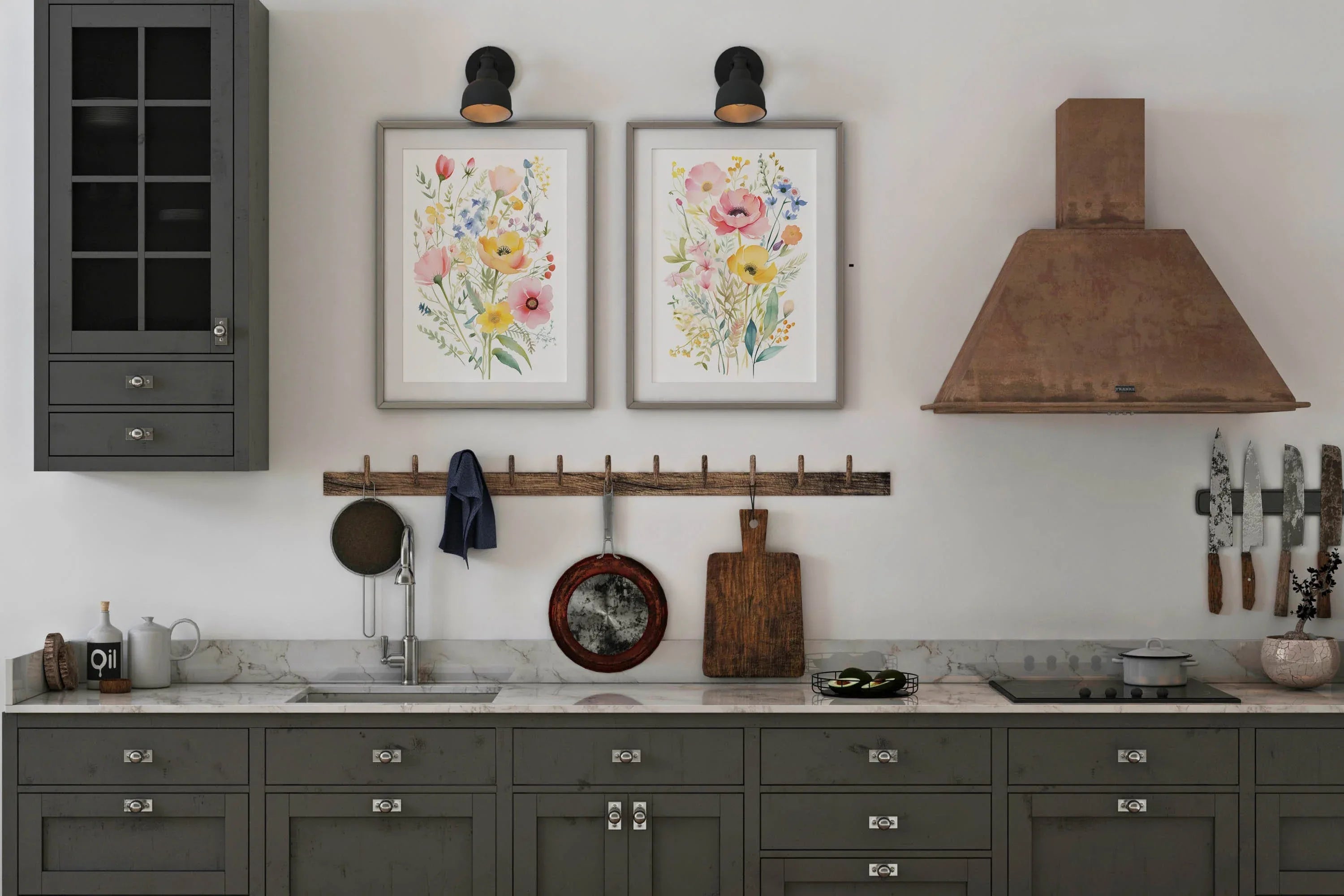 Colorful wildflower watercolor floral wall art set of 2 in dark wood frame 12x12 inch 30x30 cm