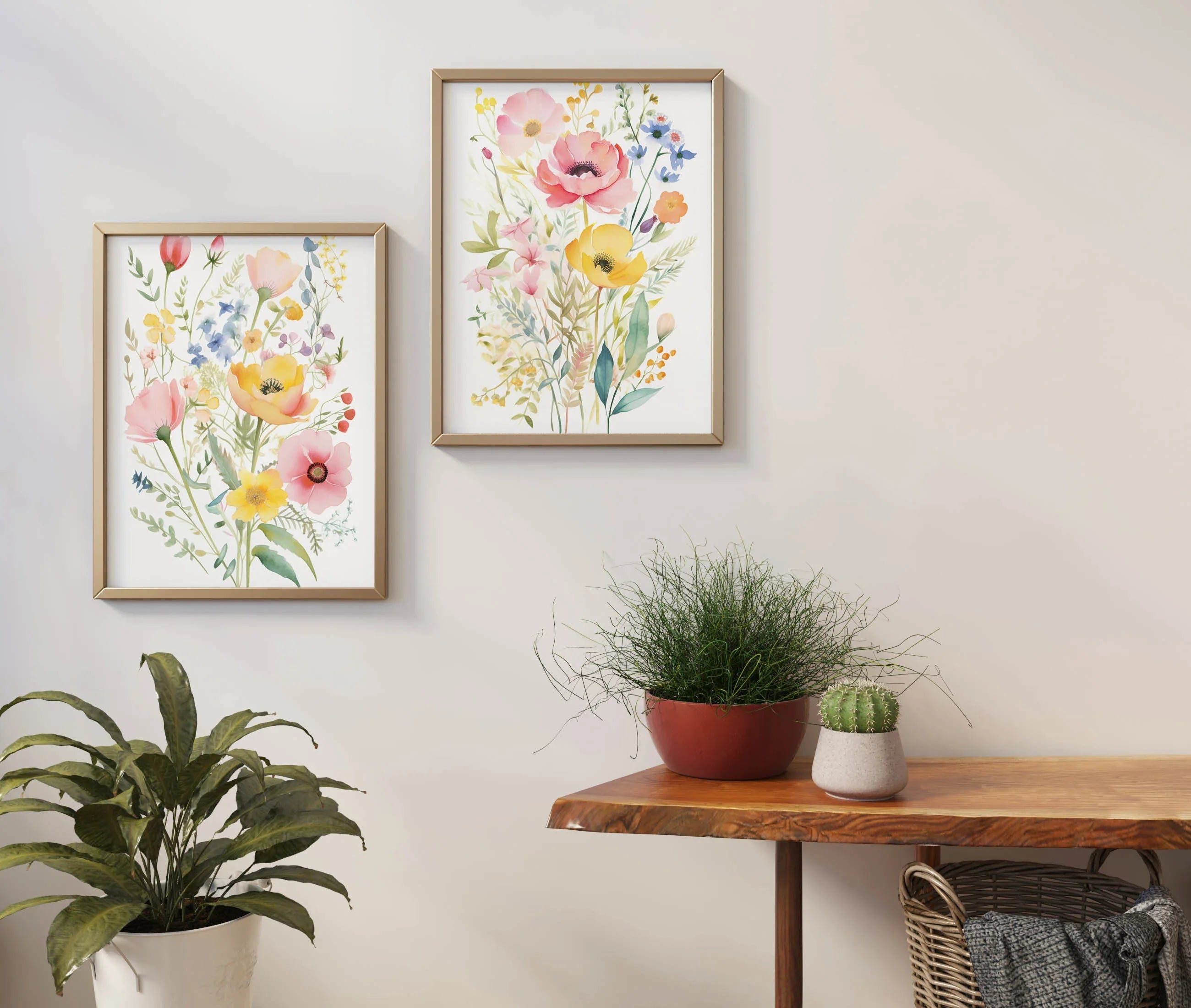 Colorful wildflower watercolor floral wall art set of 2 unframed 12x12 inch 30x30 cm