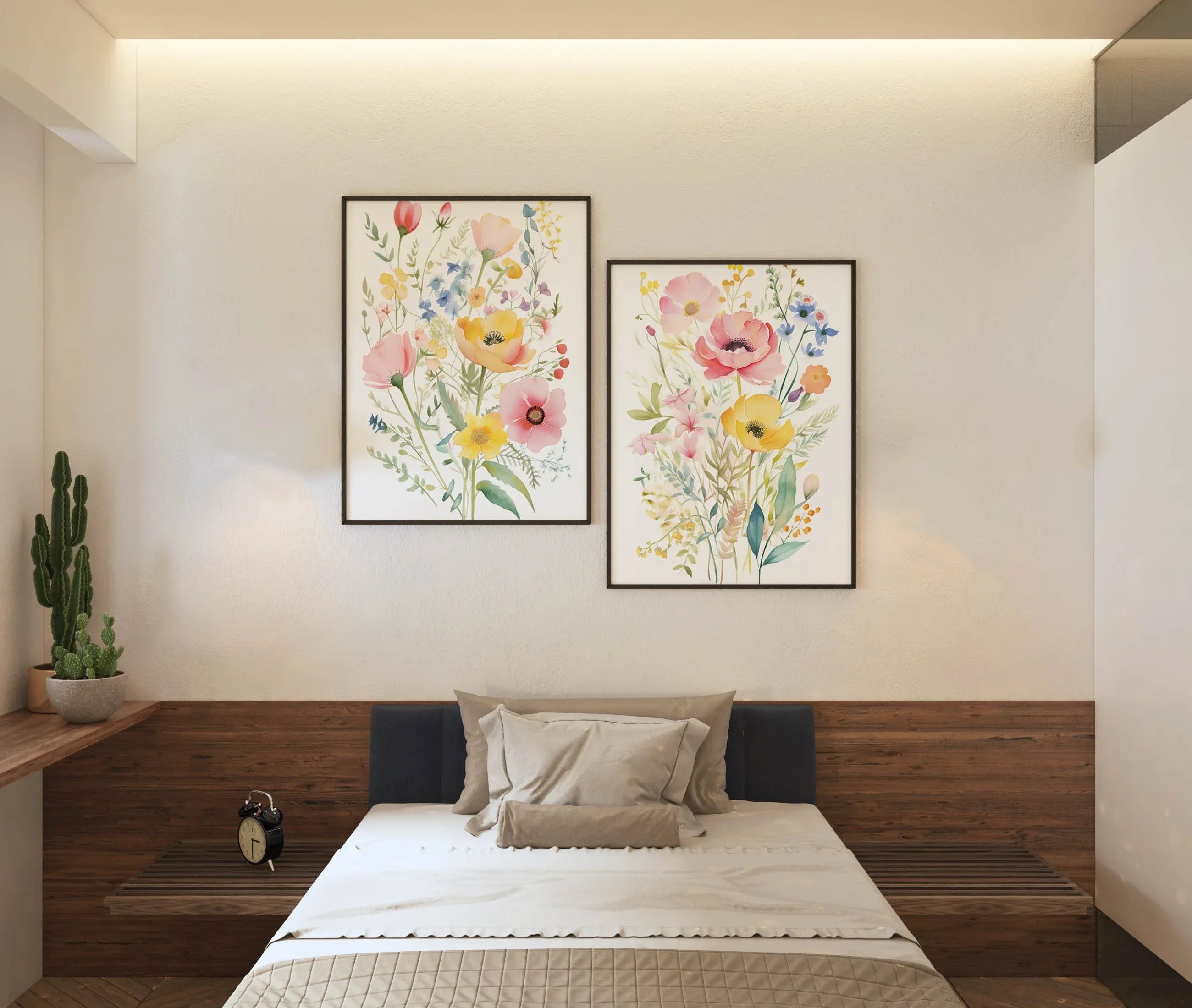 Colorful wildflower watercolor floral wall art set of 2 in white frame 12x12 inch 30x30 cm