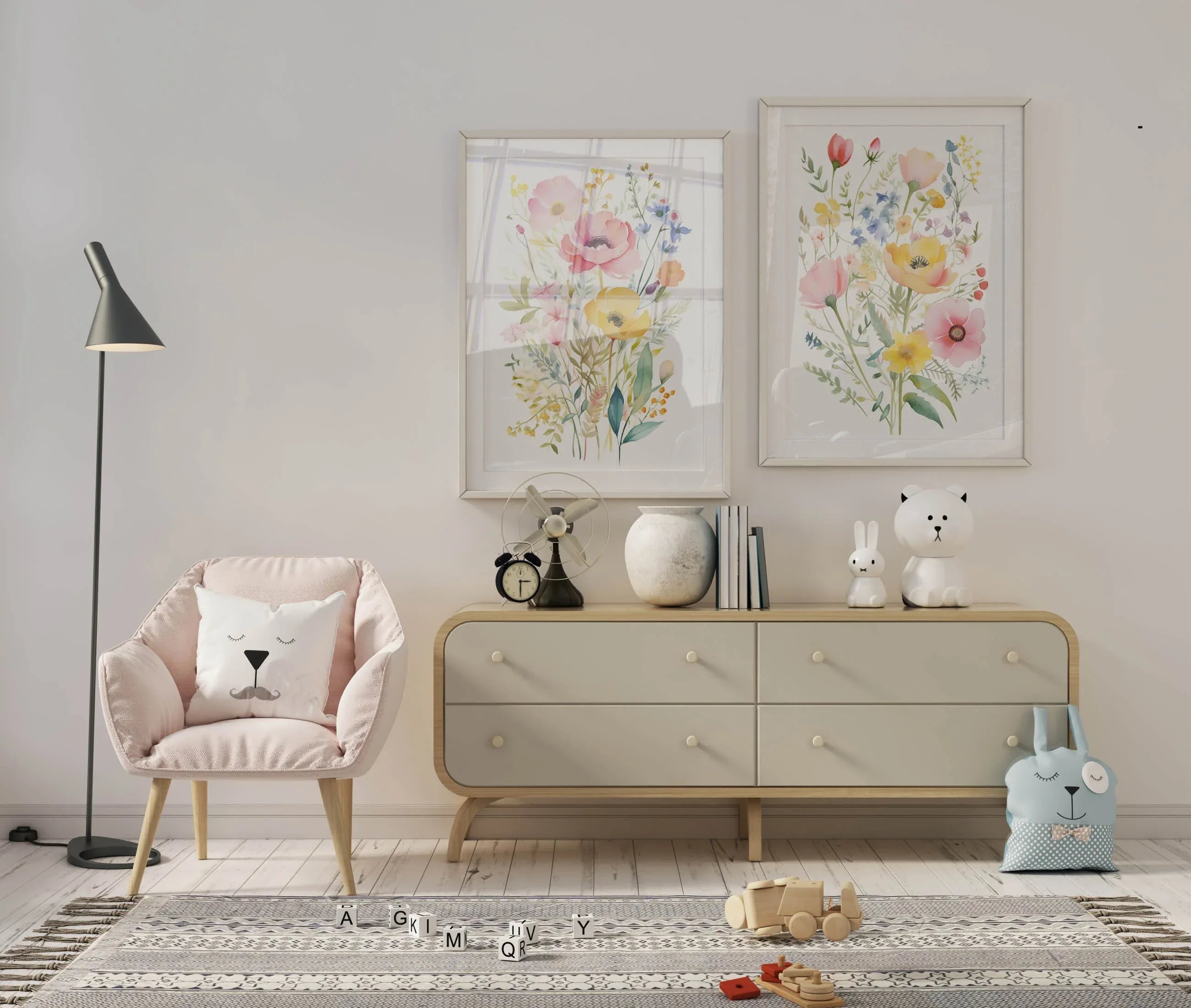 Colorful wildflower watercolor floral wall art set of 2 in black frame 12x18 inch 30x45 cm
