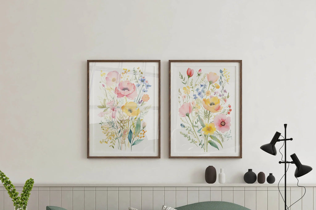 Colorful wildflower watercolor floral wall art set of 2 in natural wood frame 12x18 inch 30x45 cm