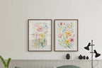 Colorful wildflower watercolor floral wall art set of 2 in natural wood frame 12x18 inch 30x45 cm