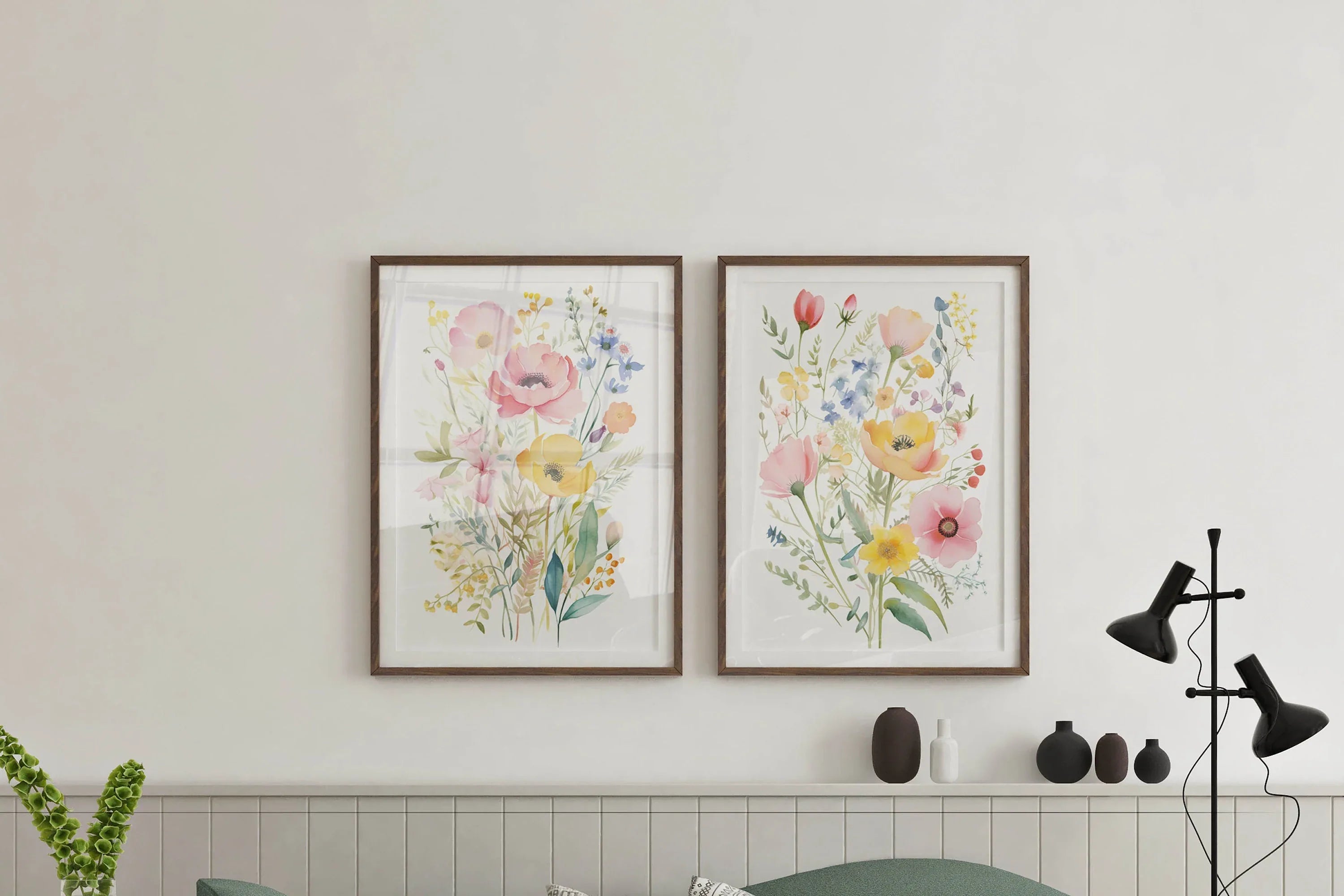 Colorful wildflower watercolor floral wall art set of 2 in natural wood frame 12x18 inch 30x45 cm