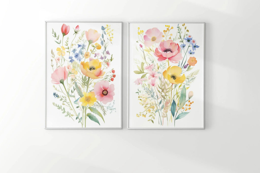 Colorful wildflower watercolor floral wall art set of 2 unframed 12x18 inch 30x45 cm