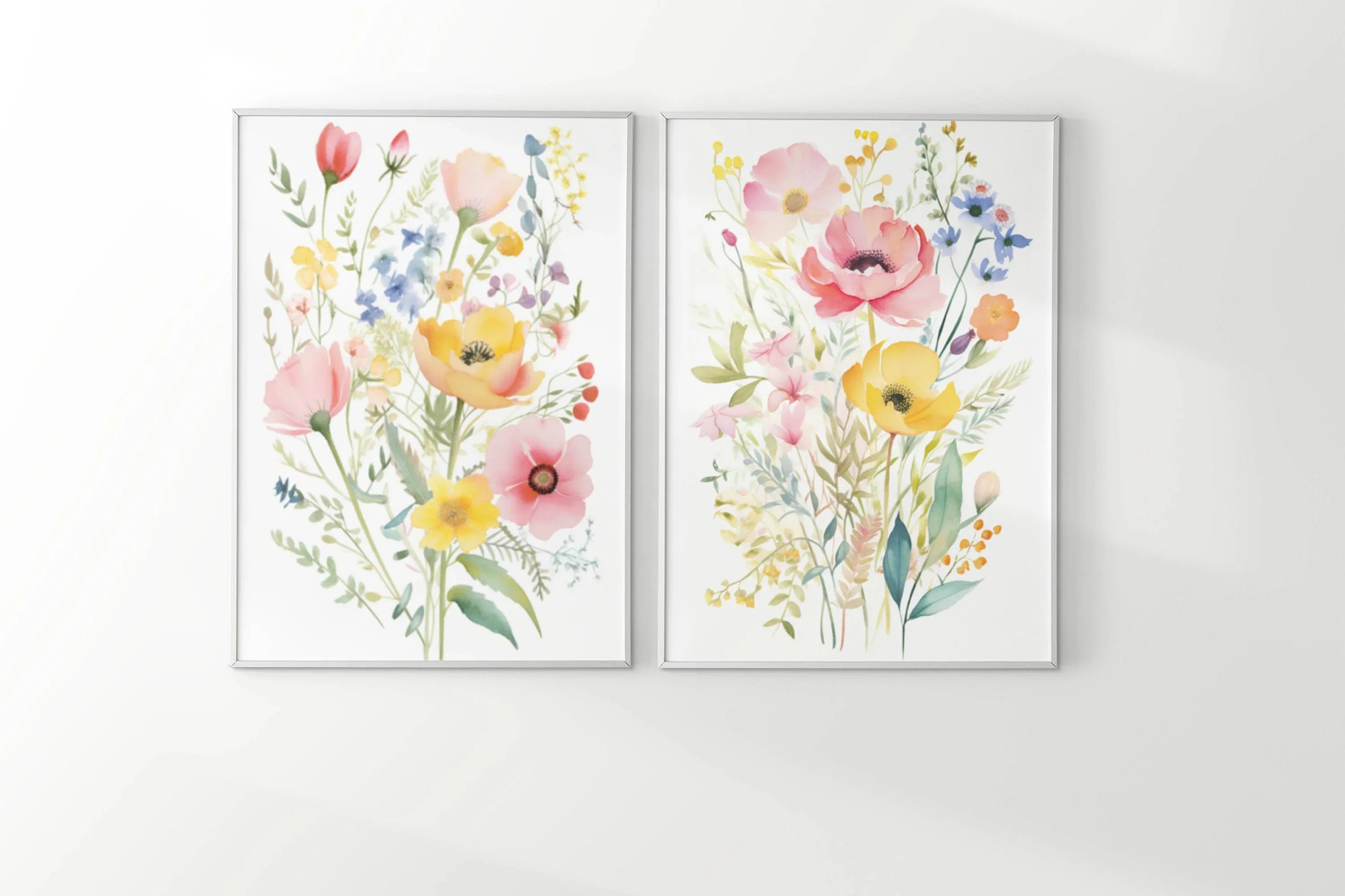 Colorful wildflower watercolor floral wall art set of 2 unframed 12x18 inch 30x45 cm