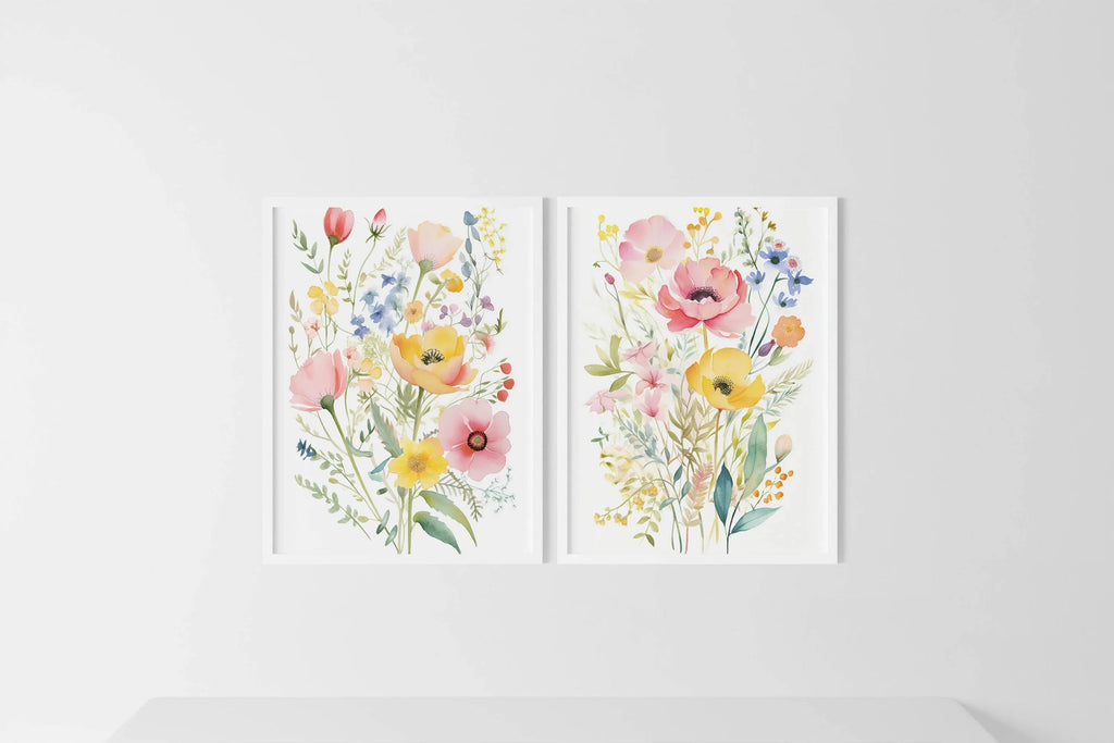 Colorful wildflower watercolor floral wall art set of 2 in natural wood frame 12x12 inch 30x30 cm