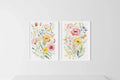 Colorful wildflower watercolor floral wall art set of 2 in natural wood frame 12x12 inch 30x30 cm