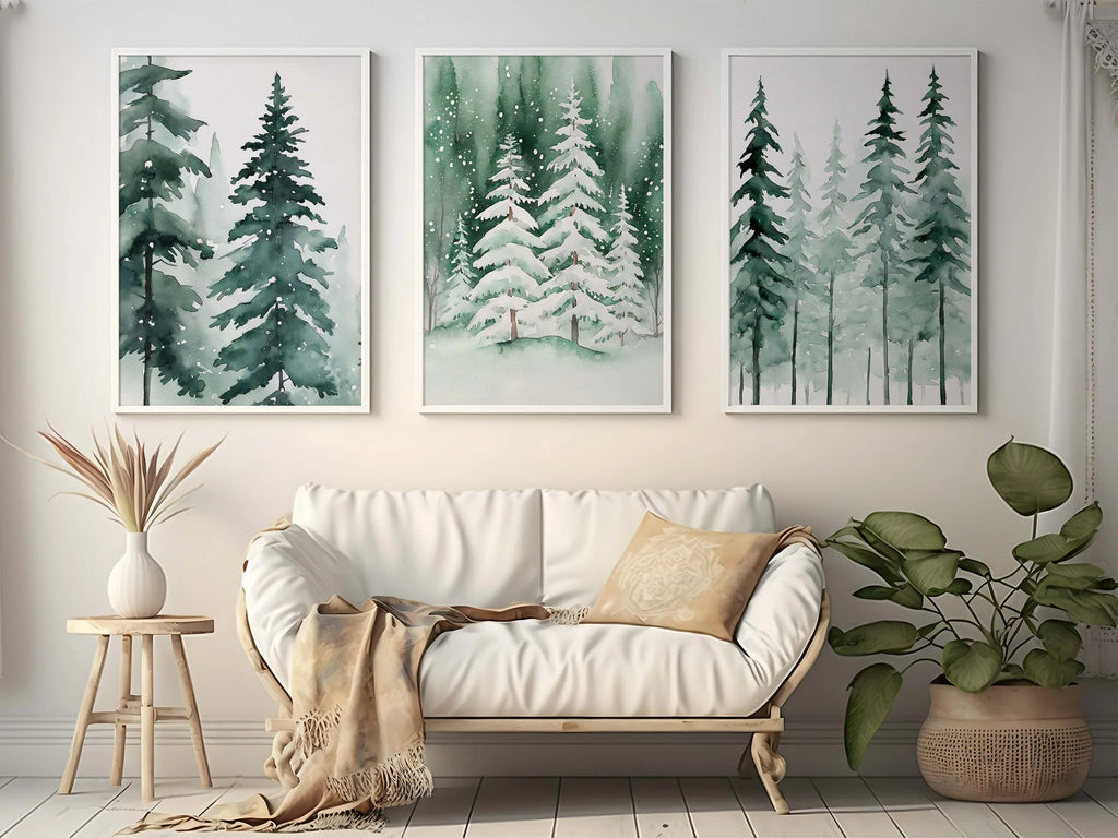 Winter pine tree watercolor forest landscape set of 3 wall art in black frame 12x12 inch 30x30 cm