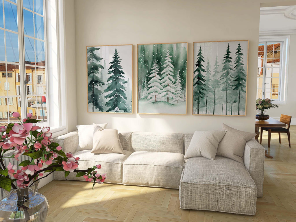 Winter pine tree watercolor forest landscape set of 3 wall art in dark wood frame 12x12 inch 30x3...