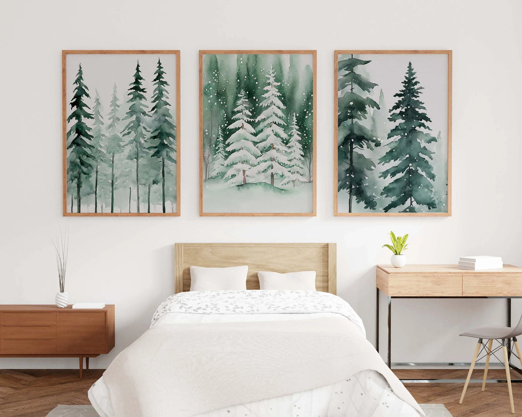 Winter pine tree watercolor forest landscape set of 3 wall art unframed 12x12 inch 30x30 cm