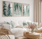 Winter pine tree watercolor forest landscape set of 3 wall art in white frame 12x12 inch 30x30 cm