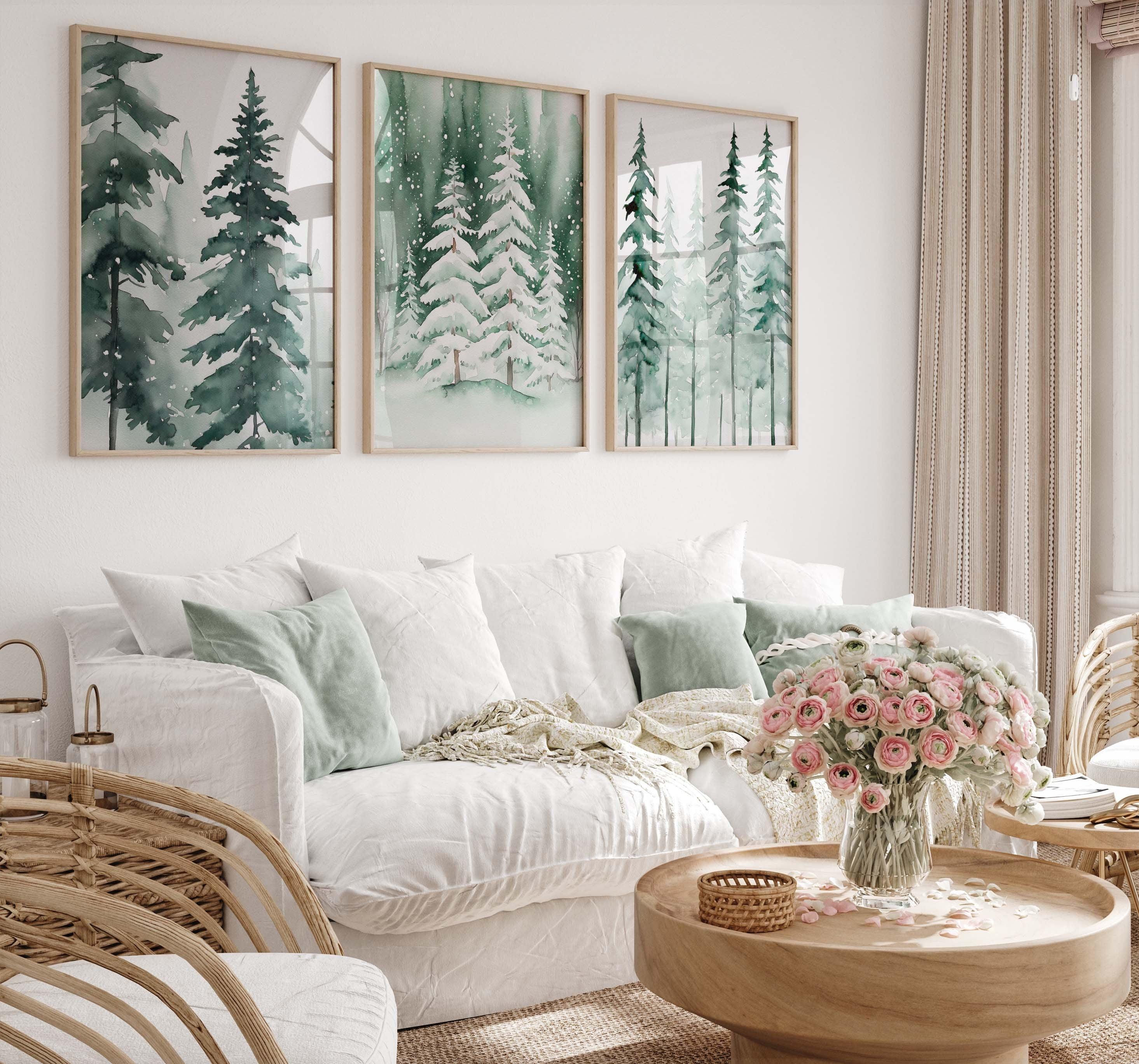 Winter pine tree watercolor forest landscape set of 3 wall art in white frame 12x12 inch 30x30 cm