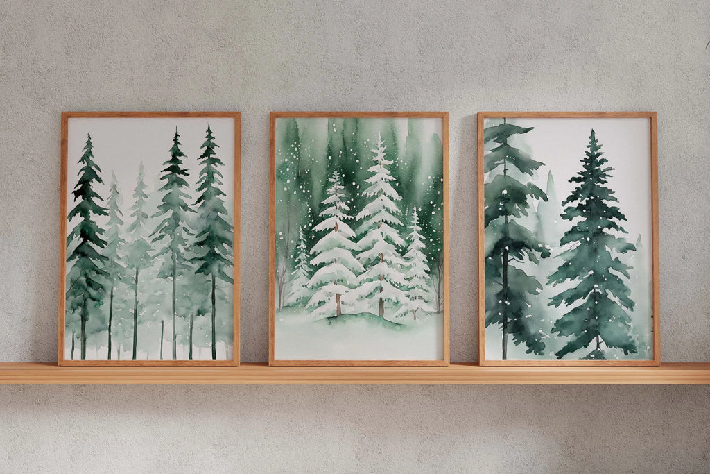 Winter pine tree watercolor forest landscape set of 3 wall art in black frame 12x18 inch 30x45 cm