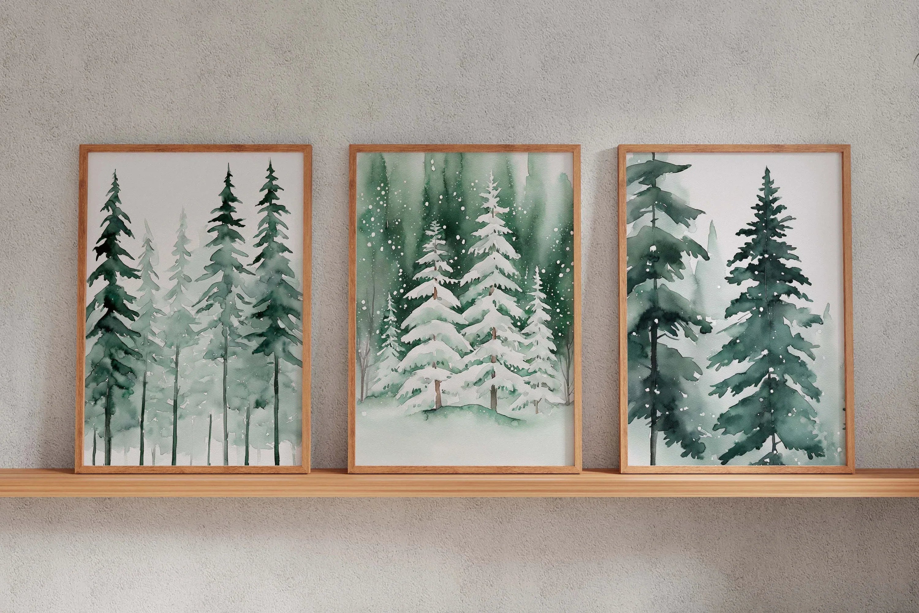 Winter pine tree watercolor forest landscape set of 3 wall art in black frame 12x18 inch 30x45 cm