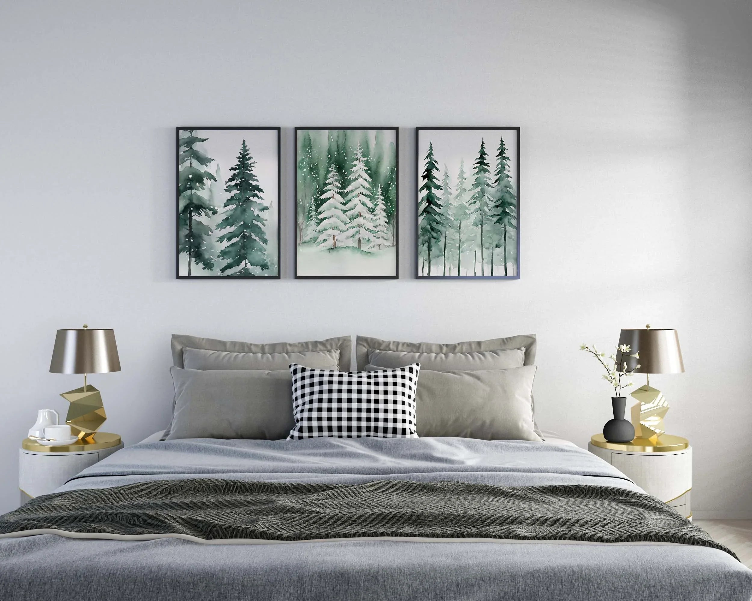 Winter pine tree watercolor forest landscape set of 3 wall art in dark wood frame 12x18 inch 30x4...