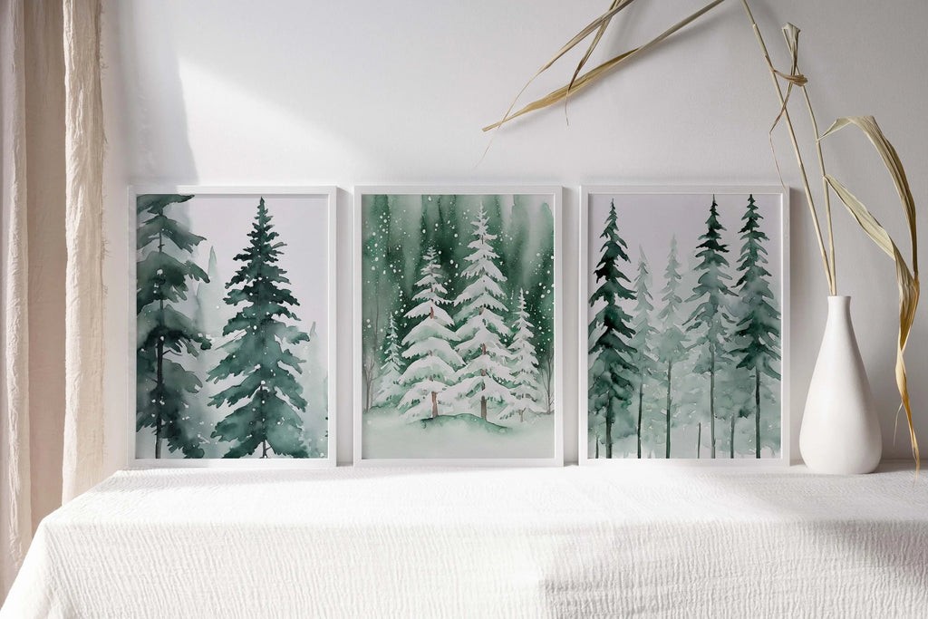 Winter pine tree watercolor forest landscape set of 3 wall art in natural wood frame 12x18 inch 3...